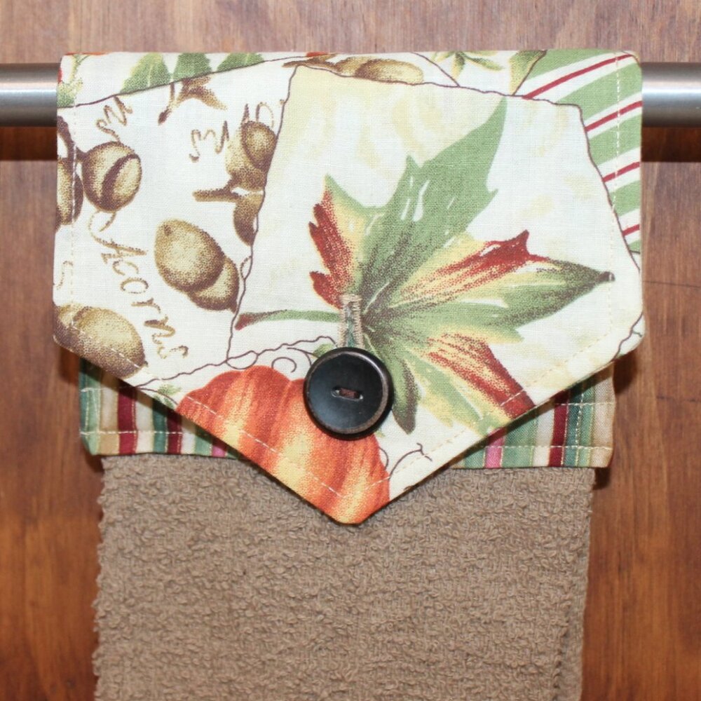 AUTUMN PUMPKIN ACORN HAND TOWEL HANDMADE HANGING KITCHEN TOWEL TAN COTTON TOWEL
